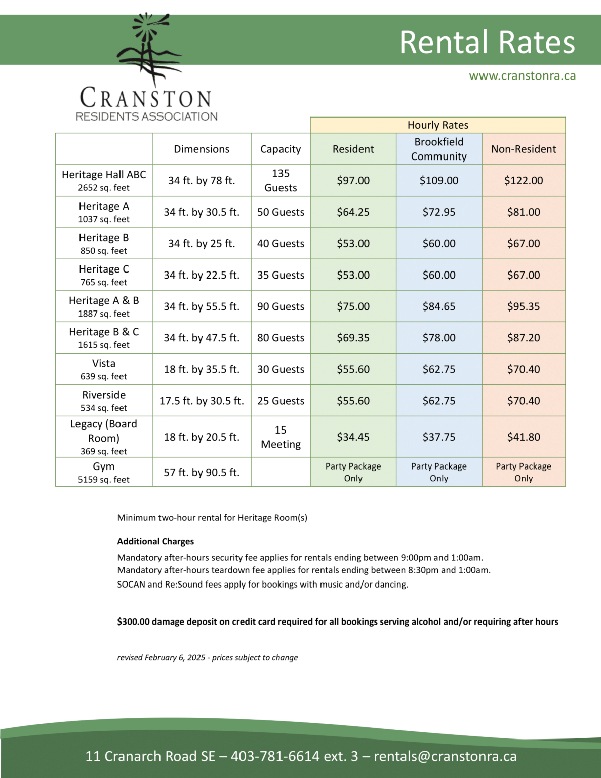 Rental Rates & Booking Info - Cranston Residents Association